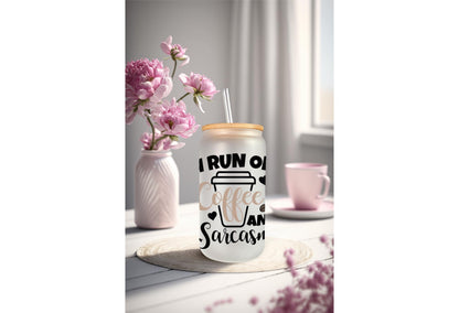UVDTF Wrap Sarcastic Funny Saying 16oz Can Glass Mug Tumbler, Run on Coffee and Sarcasm Wrap, Ready to Apply, Permanent Waterproof Adhesive