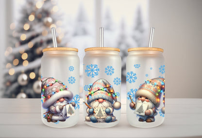 UVDTF Wrap Christmas Lights Gnomes Snowflakes 16 oz Can Glass Mug Tumbler, Gnome Wrap, Ready to apply, Permanent Waterproof Adhesive