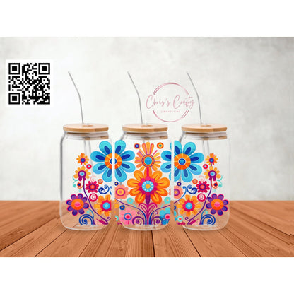 UVDTF Wrap Colorful Retro Flowers 16oz Can Glass Mug Tumbler,  Ready to apply, Permanent Waterproof adhesive