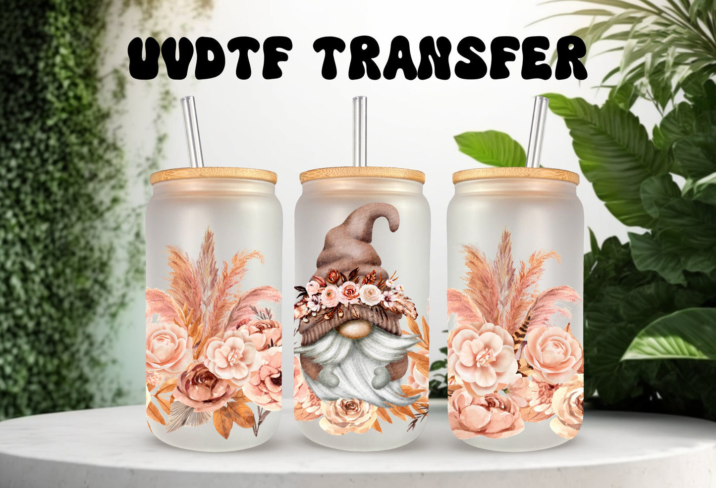 UVDTF Wrap Gnome Floral 16oz Can Glass Wrap  Mug Tumbler, Mom Gift, Ready to apply, Permanent Adhesive Waterproof, Add on a Cup