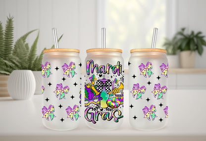 UVDTF Wrap Mardi Gras Checkered Bows 16oz Can Glass Mug Tumbler, Mardi Gras Wrap, Ready to apply, Permanent Waterproof Adhesive