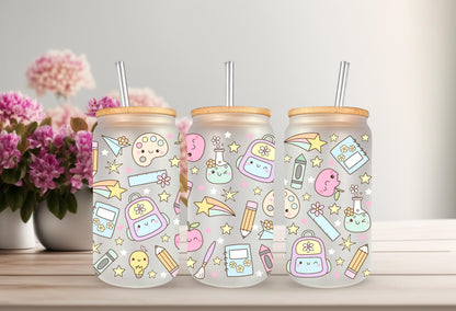 UVDTF Wrap Back to School Teacher 16oz Can Glass Mug Tumbler Wrap, School Wrap, Ready to apply, Permanent Waterproof Adhesive