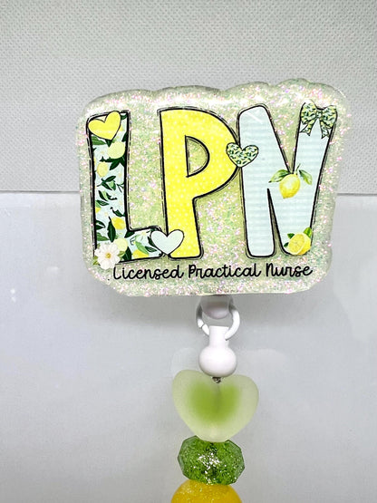 Glittery LPN Badge Reel – Lemon, Flower, and Heart Design for Licensed Practical Nurses, Retractable ID Holder
