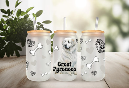 UVDTF Wrap Great Pyrenees 16oz Can Glass Mug Tumbler, Dog Wrap, Ready to apply, Permanent Waterproof Adhesive, Bundle Save Option