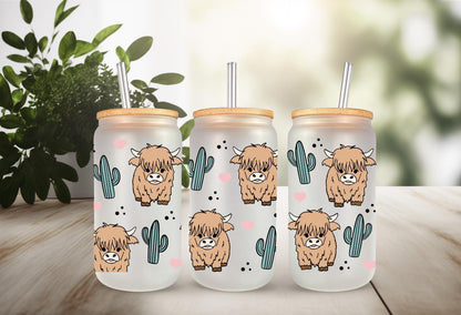 UVDTF Wrap Highland Cow Cactus for 16oz Can Glass Mug Tumbler, Ready to Apply, Permanent Waterproof Adhesive