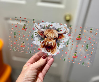 UVDTF Wrap Christmas Highland Cow 16oz Can Glass Mug Tumbler, Christmas Wrap, Ready to Apply, Permanent Waterproof Adhesive