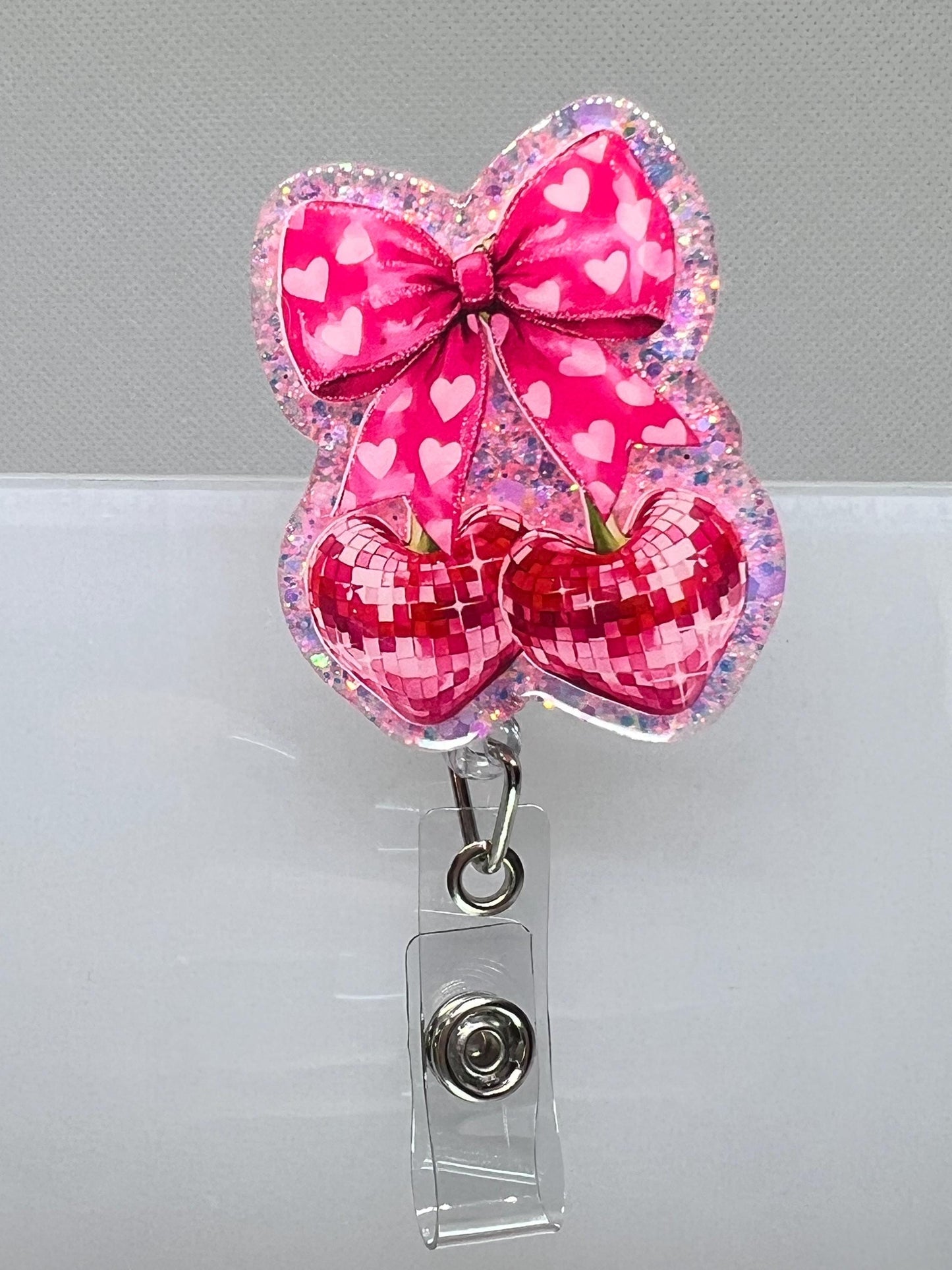Badge Reel Bow - Disco Cherry Design Retractable ID Badge Holder Gift