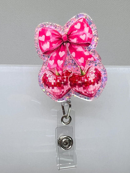 Badge Reel Bow - Disco Cherry Design Retractable ID Badge Holder Gift
