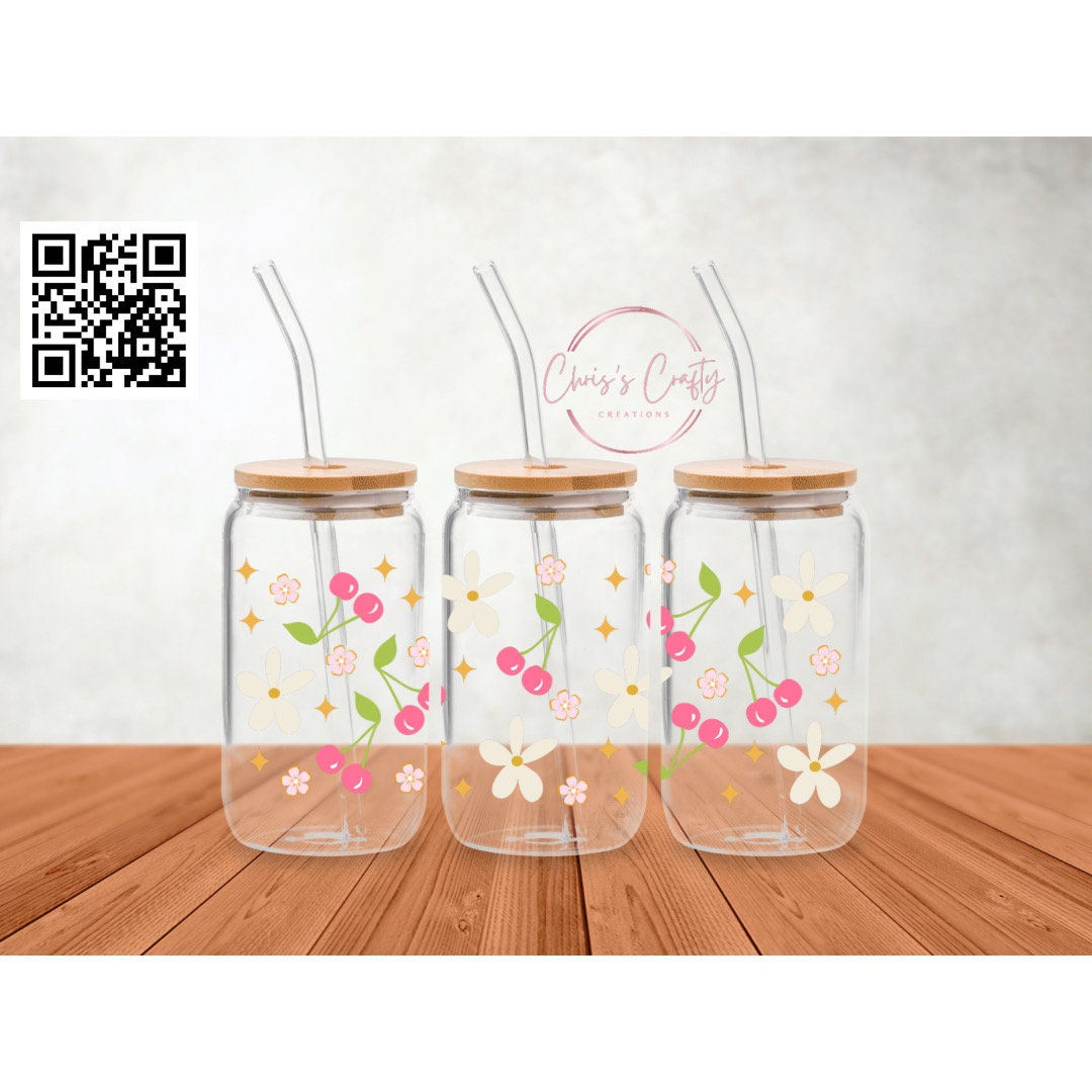 Glass Mug Wrap - Cherry Blossom Decal for 16oz Can Glass Tumbler | Waterproof Adhesive