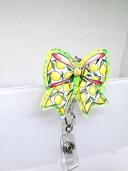 Lemon Bow Badge Reel – Glittery Yellow and Green Design with Red Ribbon Accent for ID Holders