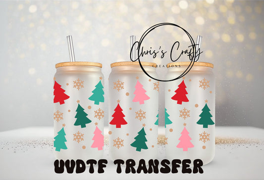 UVDTF WRAP Bright Red Green Pink Christmas Trees 16 oz Can Glass Mug Tumbler, Christmas Wrap, Ready to apply, Waterproof Permanent Adhesive
