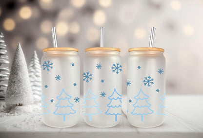 UVDTF Wrap Blue Snowflakes Trees 16oz Can Glass Mug Tumbler,, Ready to Apply, Permanent Waterproof Adhesive