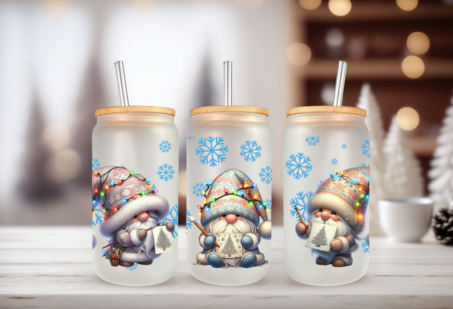 UVDTF Wrap Christmas Lights Gnomes Snowflakes 16 oz Can Glass Mug Tumbler, Gnome Wrap, Ready to apply, Permanent Waterproof Adhesive