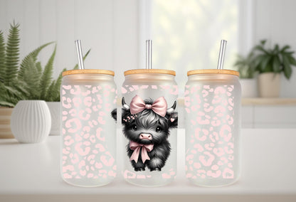 UVDTF Wrap Highland Cow pink Bow Leopard Print 16oz Can Glass Mug Tumbler Wrap, Geese Wrap, Ready to apply, Permanent Adhesive