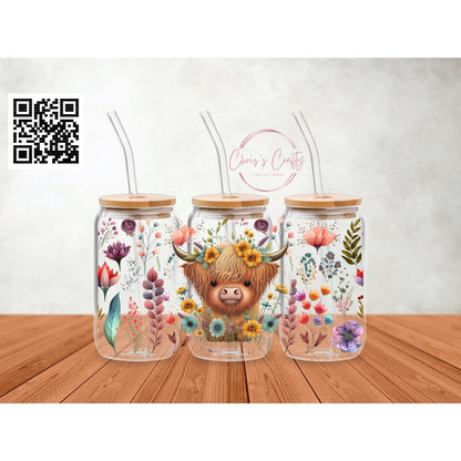 UVDTF Wrap Highland Cow Flowers 16oz Can Glass Mug Tumbler, Ready to Apply, Permanent Waterproof Adhesive