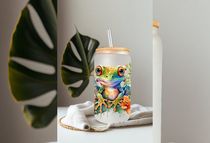 UVDTF Wrap Frog Flowers 16 oz Can Glass Mug Tumbler, Frog Wrap, Double Sided Print Option, Ready to Apply, Permanent Adhesive Waterproof