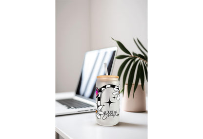 UVDTF Wrap Positive Saying Floral Butterfly 16oz Can Glass Mug Tumbler, Just Breathe Wrap, Ready to Apply, Permanent Waterproof Adhesive