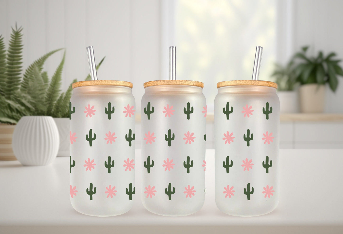 Cactus Wrap Decal - 16oz Glass Can Adhesive Cup Wrap, Waterproof & Permanent