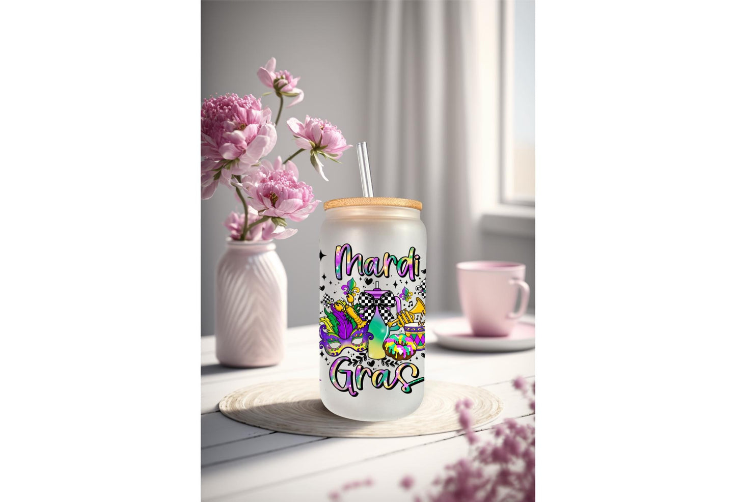 UVDTF Wrap Mardi Gras Checkered Bows 16oz Can Glass Mug Tumbler, Mardi Gras Wrap, Ready to apply, Permanent Waterproof Adhesive