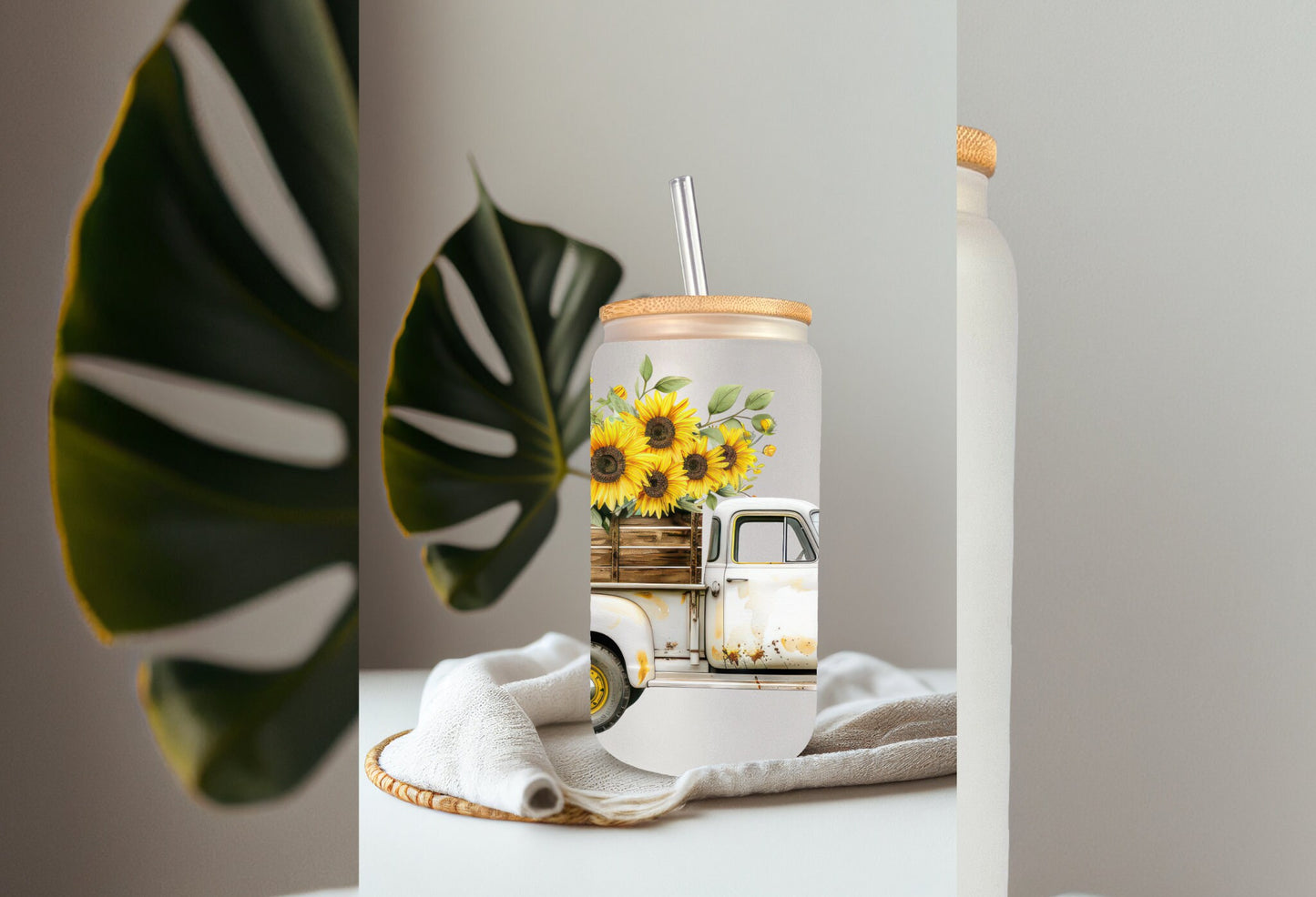 UVDTF Wrap Sunflower Vintage Truck Fall 16 oz Can Glass, Mug, Tumbler, Double Sided Print Option, Ready to Apply, Permanent Adhesive