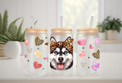 UVDTF Wrap Cute Husky 16 oz Can Glass Wrap, Mug Tumbler, Dog Mom, Ready to apply, Permanent Adhesive Waterproof