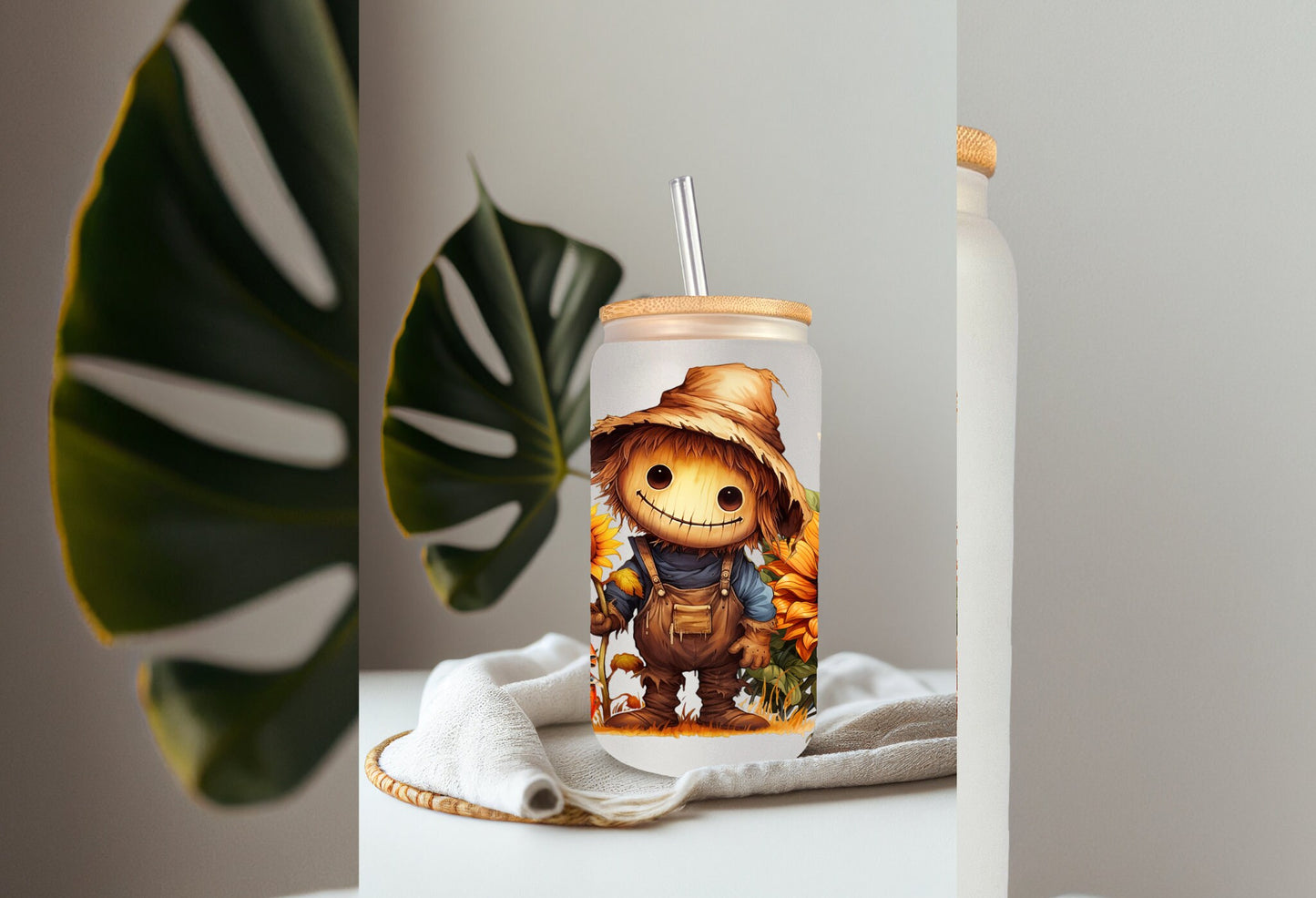 UVDTF Wrap Fall Scarecrow Floral 16oz Can Glass Mug Tumbler, Ready to Apply, Permanent Waterproof Adhesive