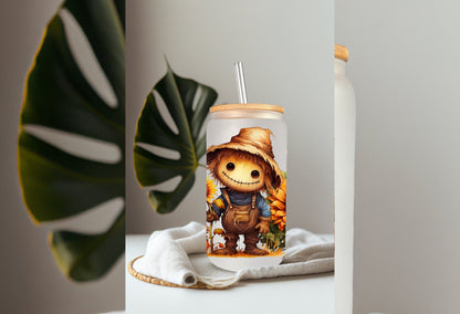 UVDTF Wrap Fall Scarecrow Floral 16oz Can Glass Mug Tumbler, Ready to Apply, Permanent Waterproof Adhesive