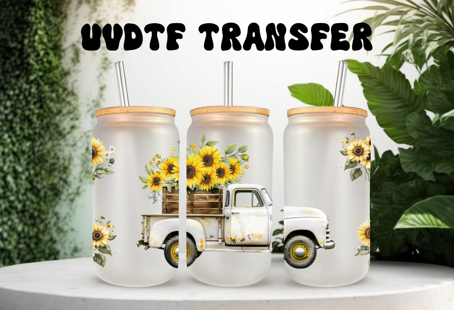UVDTF Wrap Sunflower Vintage Truck Fall 16 oz Can Glass, Mug, Tumbler, Double Sided Print Option, Ready to Apply, Permanent Adhesive