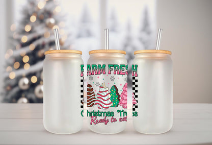 UVDTF Decal Tree Cake Farm Fresh  16oz Can Glass Mug Tumbler, Christmas Tree Cake Decal, Ready to apply, Permanent Waterproof Adhesive