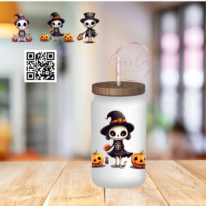 UVDTF Wrap Halloween Skeleton 16oz Can Glass Mug Tumbler, Skeleton wrap, Ready to apply, Permanent Adhesive Waterproof