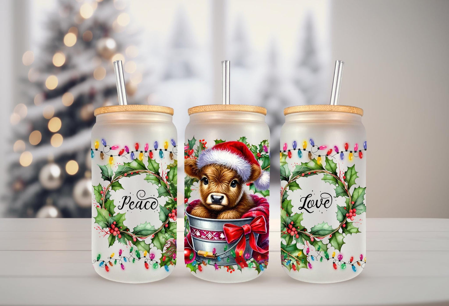 UVDTF Wrap Highland Cow Peace Love 16oz Can Glass Mug Tumbler, Ready to Apply, Permanent Waterproof Adhesive