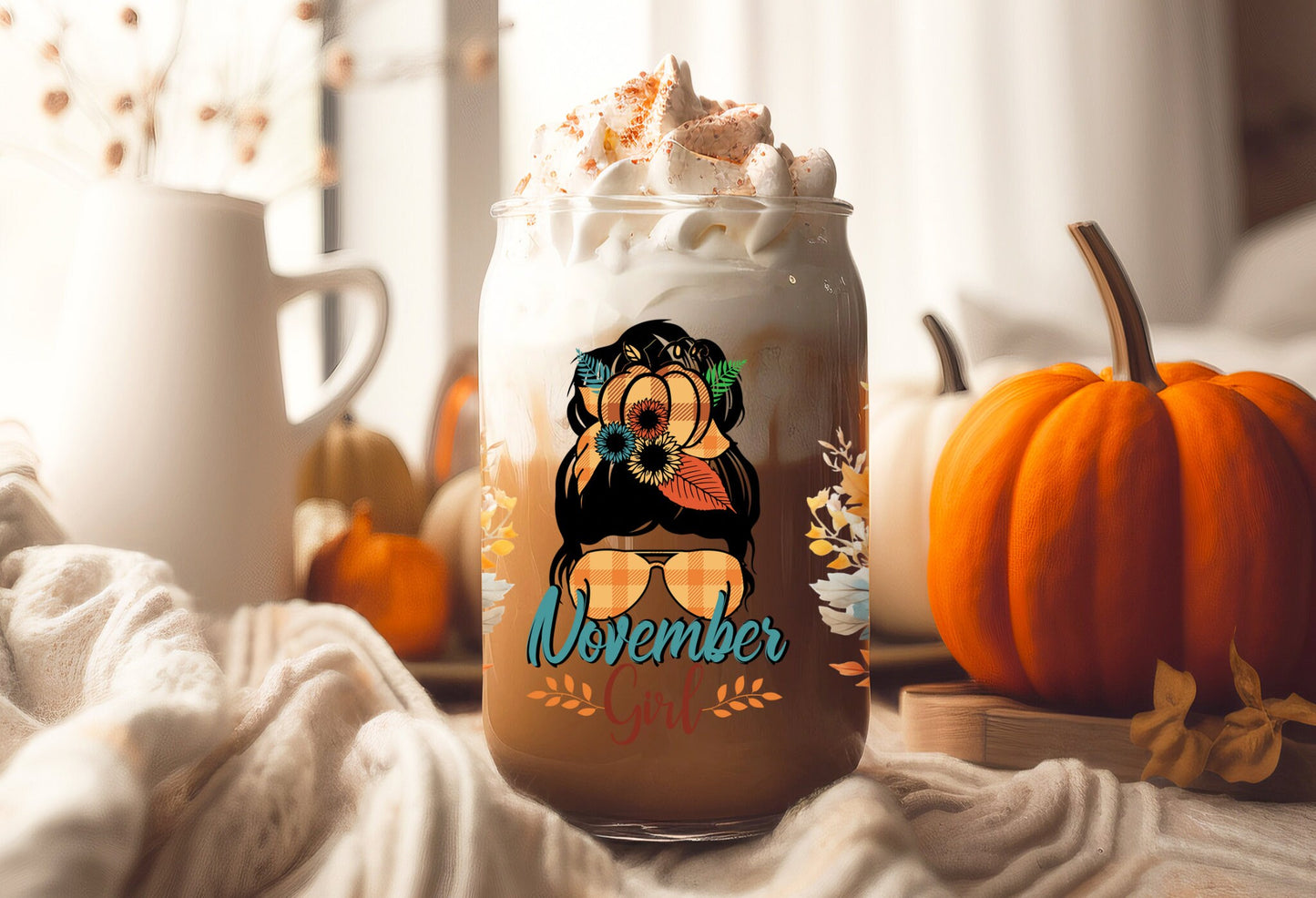 UVDTF Wrap Fall Mom Bun November Girl Floral Butterfly 16oz Can Glass, Mug,  40oz  Tumbler, Fall Wrap, Ready to apply, Permanent Adhesive