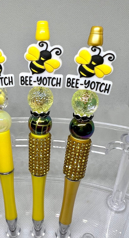 Bee-yotch Bee Yellow Beaded Pen, Fun Pens Acrylic Beads, Custom Pen, Retractable Ink Pen, Gifts