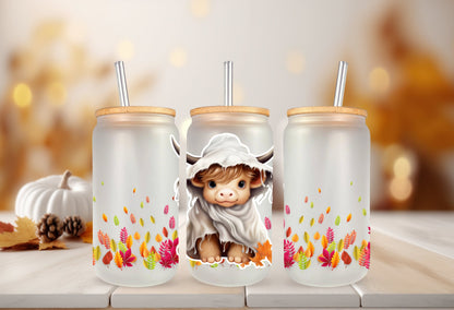 UVDTF Wrap Ghost Cow Floral 16oz Can Glass, Mug, Tumbler, Halloween Wrap, Double Sided Print Option, Ready to Apply, Permanent Adhesive