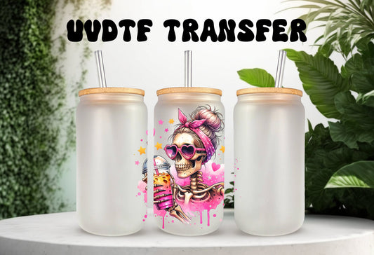 UVDTF Decal Retro Skeleton Girl Iced Coffee 16oz Can Glass Tumbler, Ready to Apply, Permanent Waterproof Adhesive
