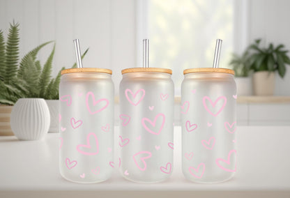 UVDTF Wrap Pink Hearts 16oz Can Glass Mug Tumbler, Valentine Wrap, Ready to Apply, Permanent Waterproof Adhesive, Double Sided Option