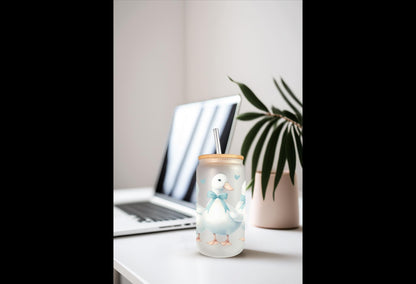 UVDTF Wrap Goose Blue Bows 16oz Can Glass Mug Tumbler, Ready to apply, Permanent Adhesive, Double sided option