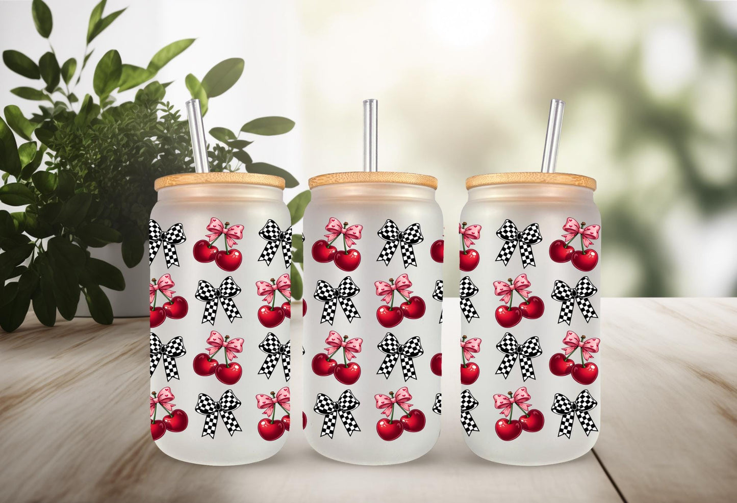 UVDTF Wrap Cherry Checkered Bows 16oz Can Glass Mug Tumbler Wrap, Geese Wrap, Ready to apply, Permanent Adhesive, Double sided option