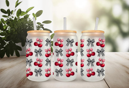 UVDTF Wrap Cherry Checkered Bows 16oz Can Glass Mug Tumbler Wrap, Geese Wrap, Ready to apply, Permanent Adhesive, Double sided option