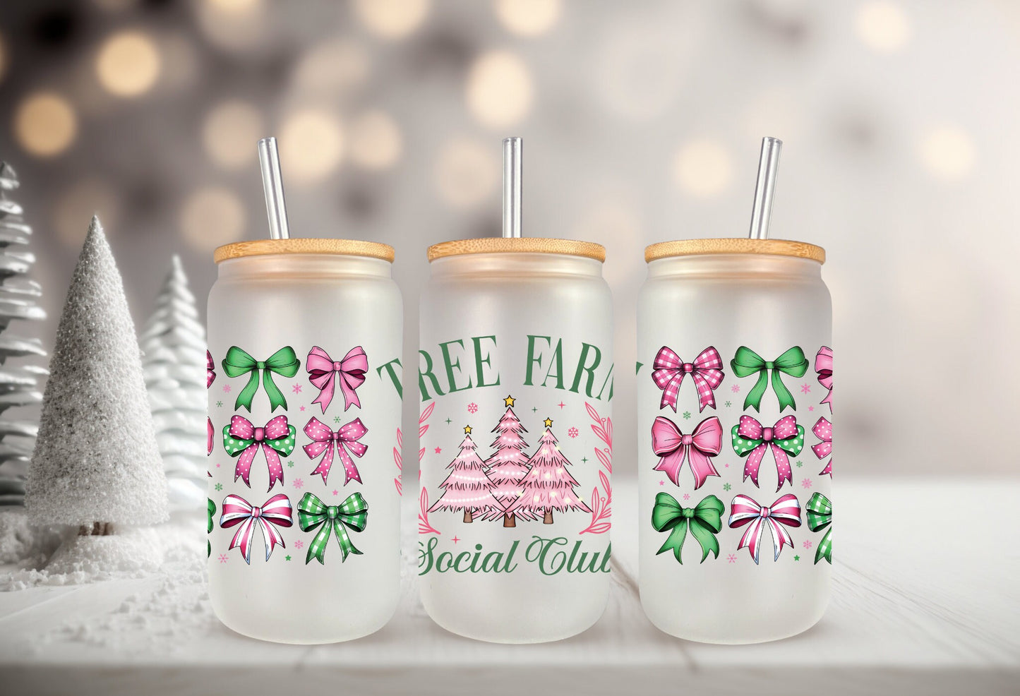 Christmas Tree Wrap – UVDTF Transfer Art with Santa Highland Cow & Coquette Bow Design