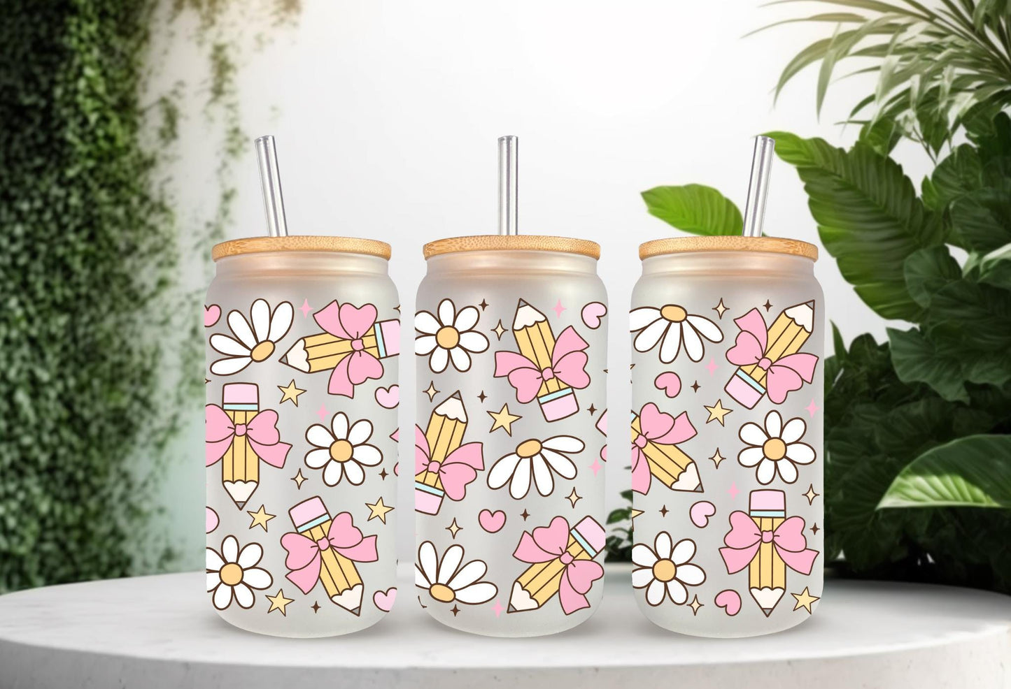 UVDTF Wrap Pencil Teacher Bow 16oz Can Glass Mug Tumbler, Teacher Wrap, Ready to apply, Permanent Waterproof Adhesive, Double Sided Print
