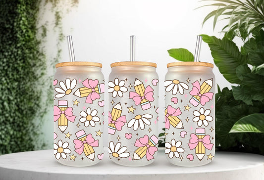UVDTF Wrap Pencil Teacher Bow 16oz Can Glass Mug Tumbler, Teacher Wrap, Ready to apply, Permanent Waterproof Adhesive, Double Sided Print
