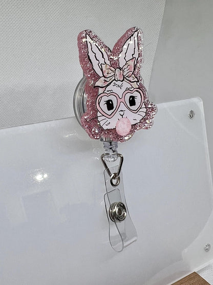 Glitter Bunny Badge Reel – Heart Glasses, Pink Bow, and Acrylic Design for Nurses and Medical Professionals