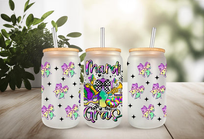 UVDTF Wrap Mardi Gras Checkered Bows 16oz Can Glass Mug Tumbler, Mardi Gras Wrap, Ready to apply, Permanent Waterproof Adhesive