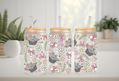 UVDTF Wrap Floral Graduation Caps 16oz Can Glass Mug Tumbler, Graduation Wrap, Ready to apply, Permanent Waterproof Adhesive