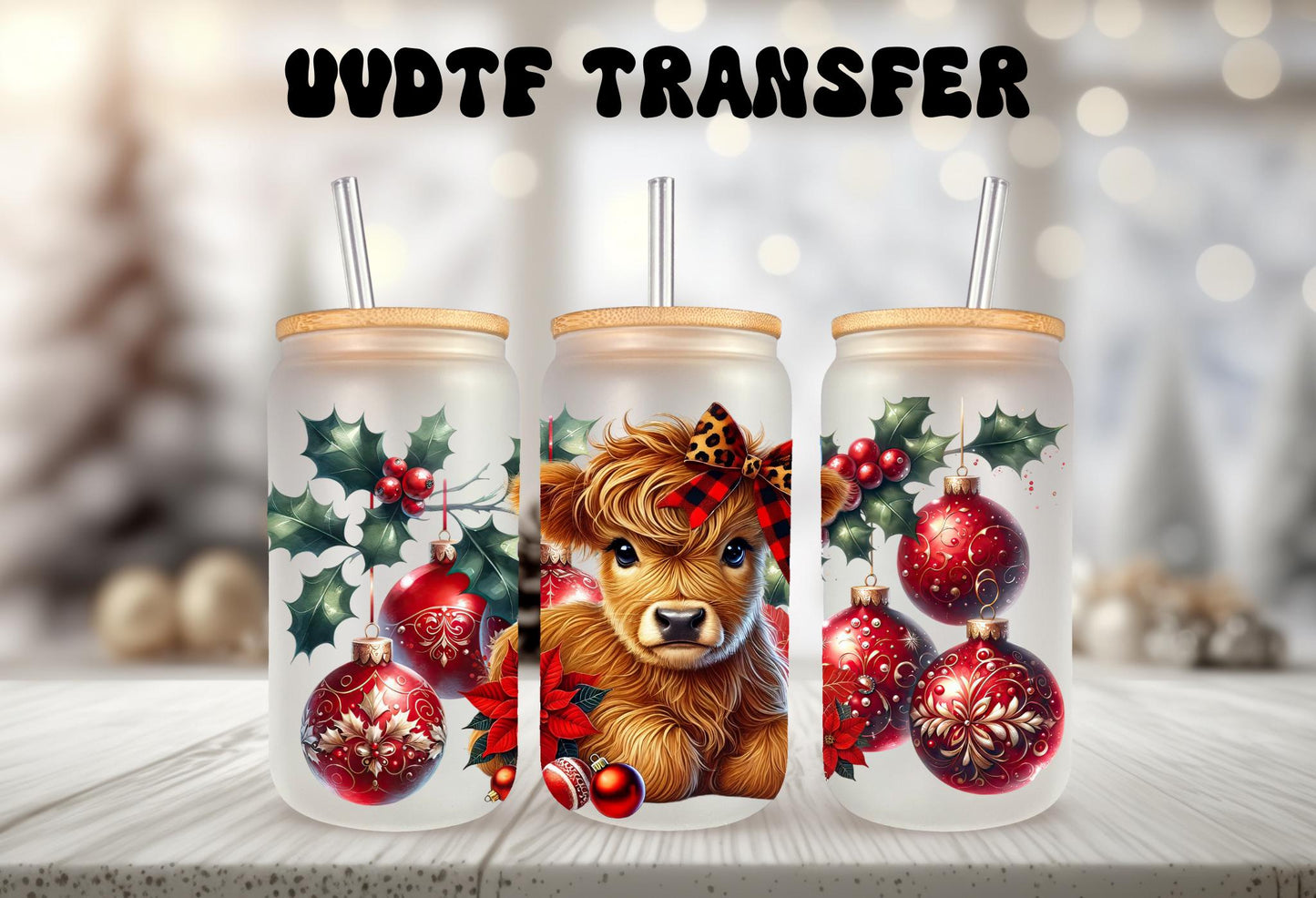 UVDTF Wrap Highland Cow Ornaments Poinsettia 16oz Can Glass Mug Tumbler, Ready to Apply, Permanent Waterproof Adhesive