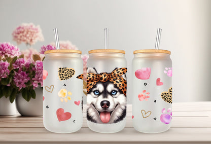 UVDTF Wrap Cute Husky 16 oz Can Glass Wrap, Mug Tumbler, Dog Mom, Ready to apply, Permanent Adhesive Waterproof
