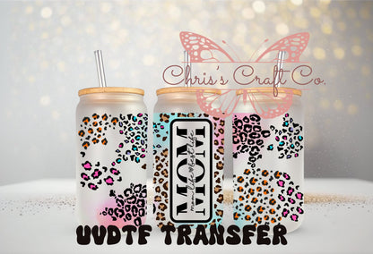 UVDTF Wrap Leopard Mom 16oz Can Glass Mug Tumbler, Mom Life Best Life, Ready to Apply, Permanent Waterproof Adhesive, Mom Gift