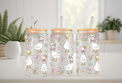 UVDTF Wrap Floral Mama Goose 16oz Can Glass Mug Tumbler Wrap, White Goose, Ready to apply, Permanent Waterproof Adhesive