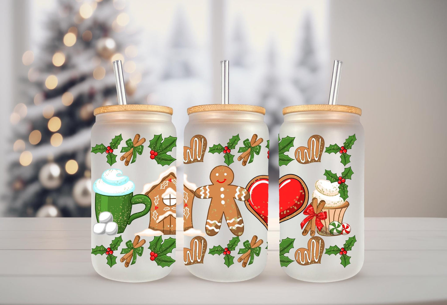 UVDTF WRAP Gingerbread Man House Christmas 16oz Can Glass Mug Tumbler, Ready to apply, Waterproof Permanent Adhesive